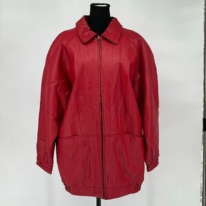 VENEZIA Vtg Leather Jacket Women's Size XL Red Quilted Lining Full Zip Coat Pkts